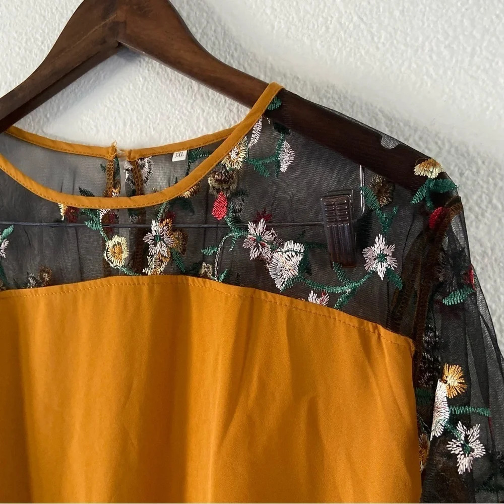 Mustard Yellow Folk Embroidered Eclectic Mesh Panel Top 3XL Boho Chic Plus - Picture 2 of 12